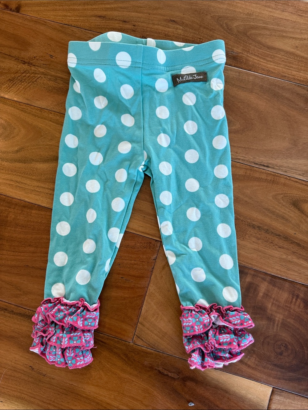 Matilda Jane Teal Polka Dot Leggings with Pink Ruffle Hems